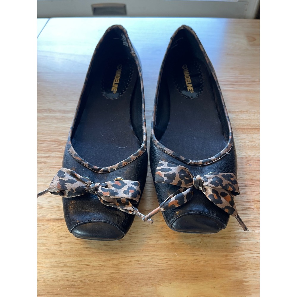 Madeline Pariza Womens Black Leopard Print Square Toe Bow Ballet Flats Size 9M